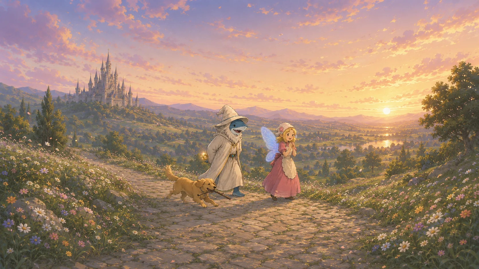 Alan proposing to Hanna in a flowering meadow at sunset, with their dog